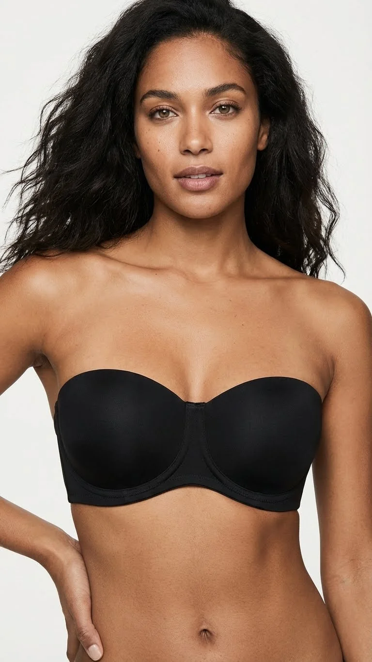 LunaIntim Siyah Desteksiz Dolgusuz Straplez Sütyen Balenli ve Toparlayıcı Model - Ön Görünüm